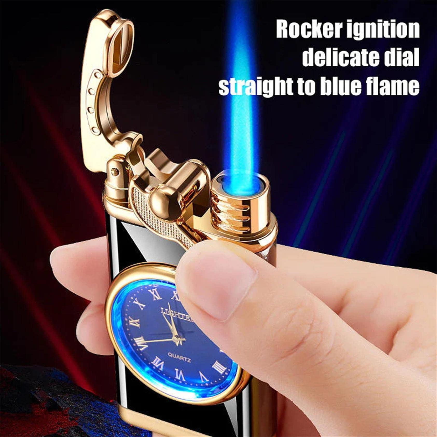 New Lighter With Electric Watch Rocker Arm Automatic Ignition Straight Blue Flame Lighter Creative Real Dial Inflatable Windproof Lighter Men's Watch Gift - Taylor K Shop