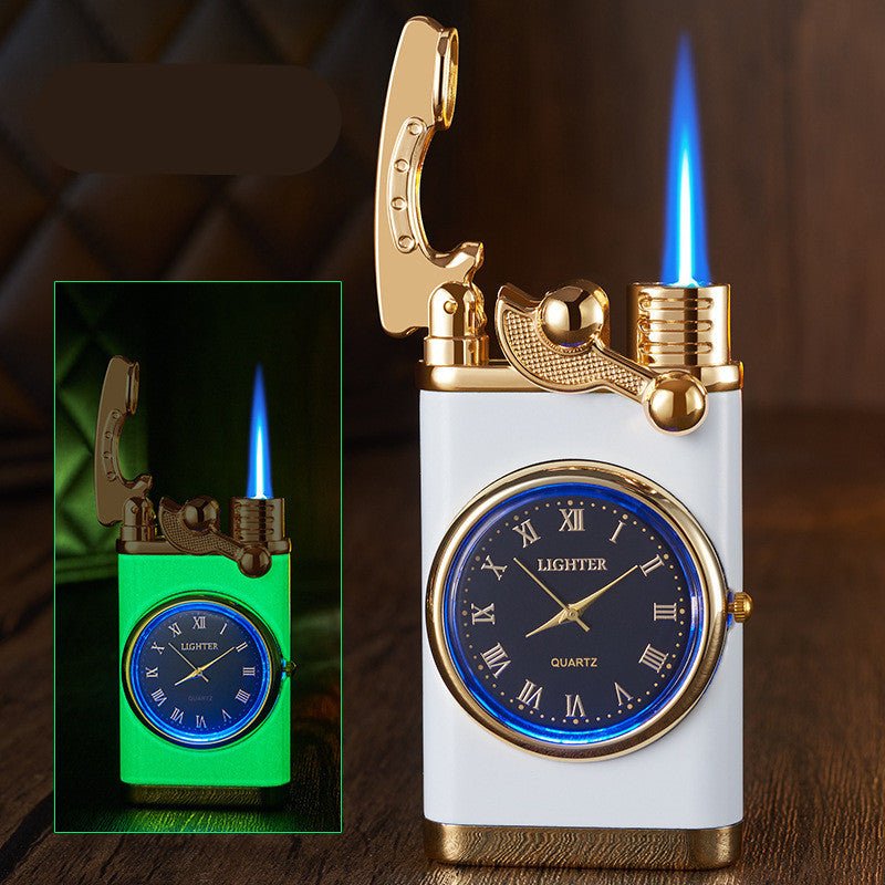 New Lighter With Electric Watch Rocker Arm Automatic Ignition Straight Blue Flame Lighter Creative Real Dial Inflatable Windproof Lighter Men's Watch Gift - Taylor K Shop