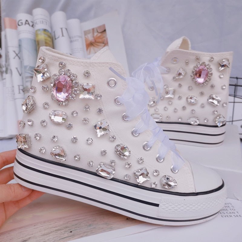 New Lovely Crystal Hand - made Diamond Thick Bottom Inner High Top Women Canvas Shoes - Taylor K Shop