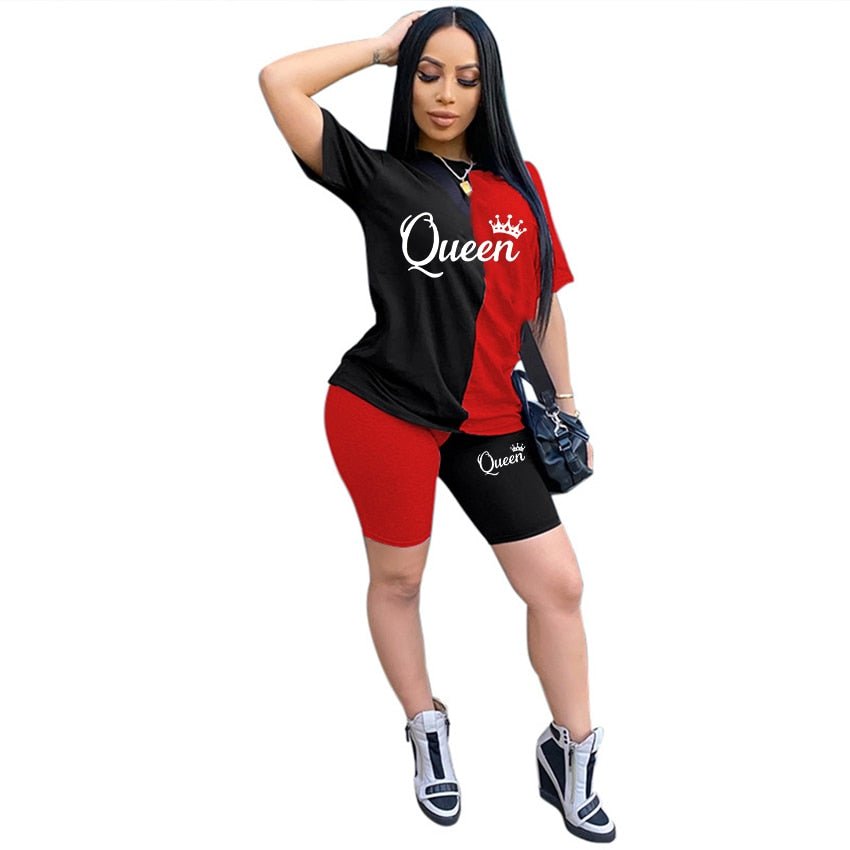 New Summer Fashion Women Stitching Queen Print Tracksuit 2 Piece Set Woman Sports Suit Summer Outfit - Taylor K Shop