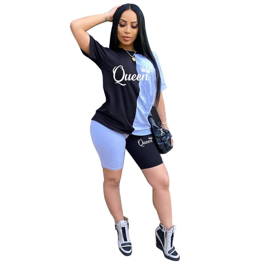 New Summer Fashion Women Stitching Queen Print Tracksuit 2 Piece Set Woman Sports Suit Summer Outfit - Taylor K Shop