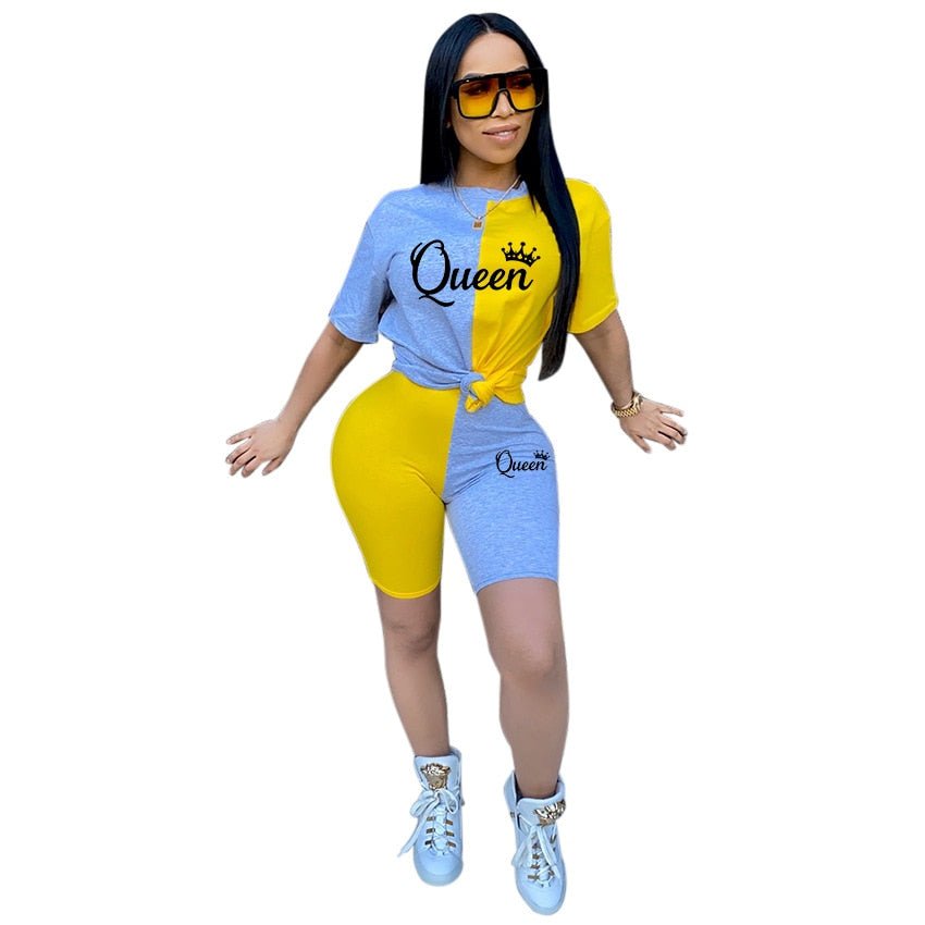 New Summer Fashion Women Stitching Queen Print Tracksuit 2 Piece Set Woman Sports Suit Summer Outfit - Taylor K Shop