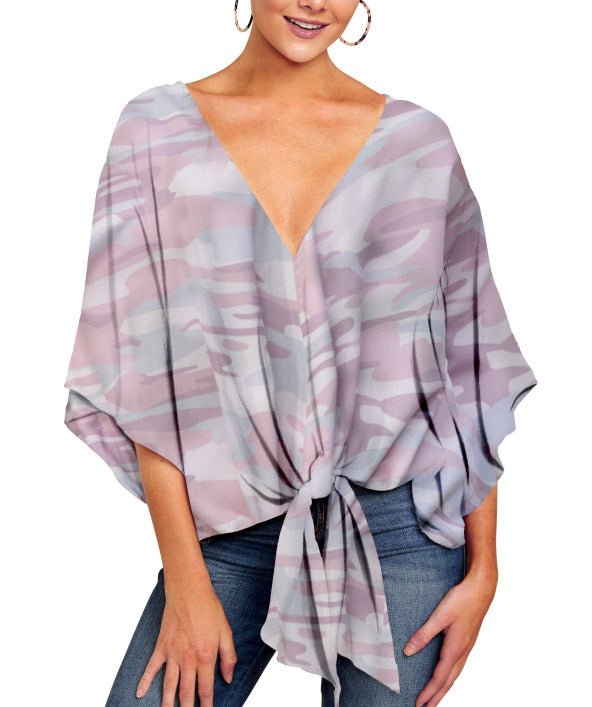 New V Neck Blouse Women Leopard Print Shirts Floral Tie Front Blouses Batwing Summer Oversize Ladies Tops - Taylor K Shop