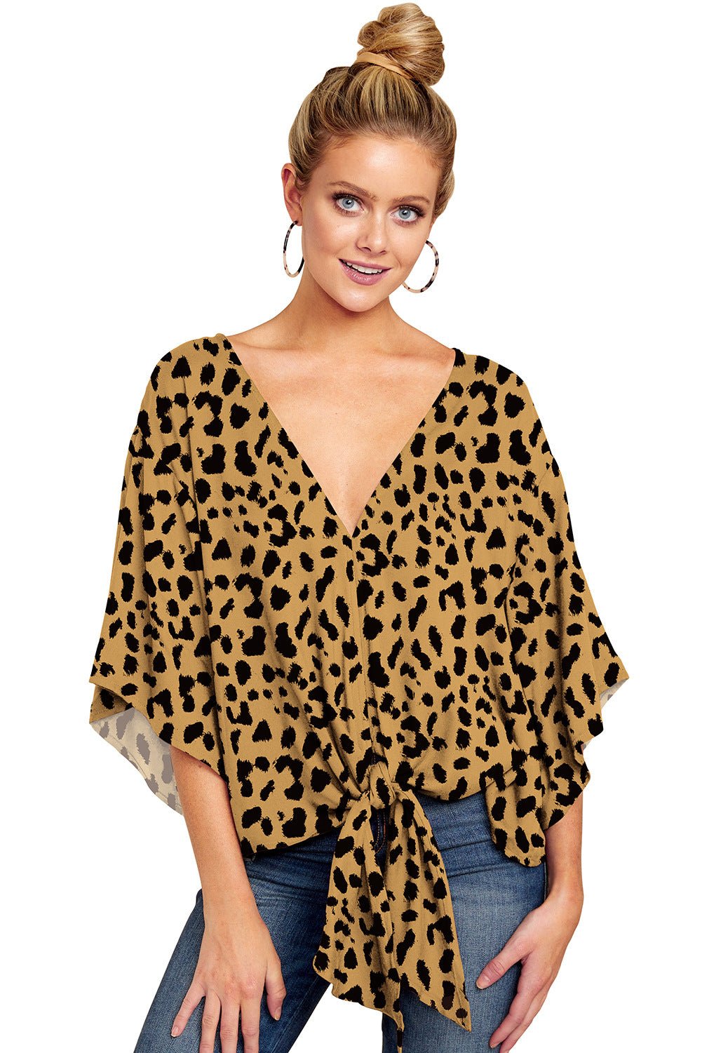 New V Neck Blouse Women Leopard Print Shirts Floral Tie Front Blouses Batwing Summer Oversize Ladies Tops - Taylor K Shop