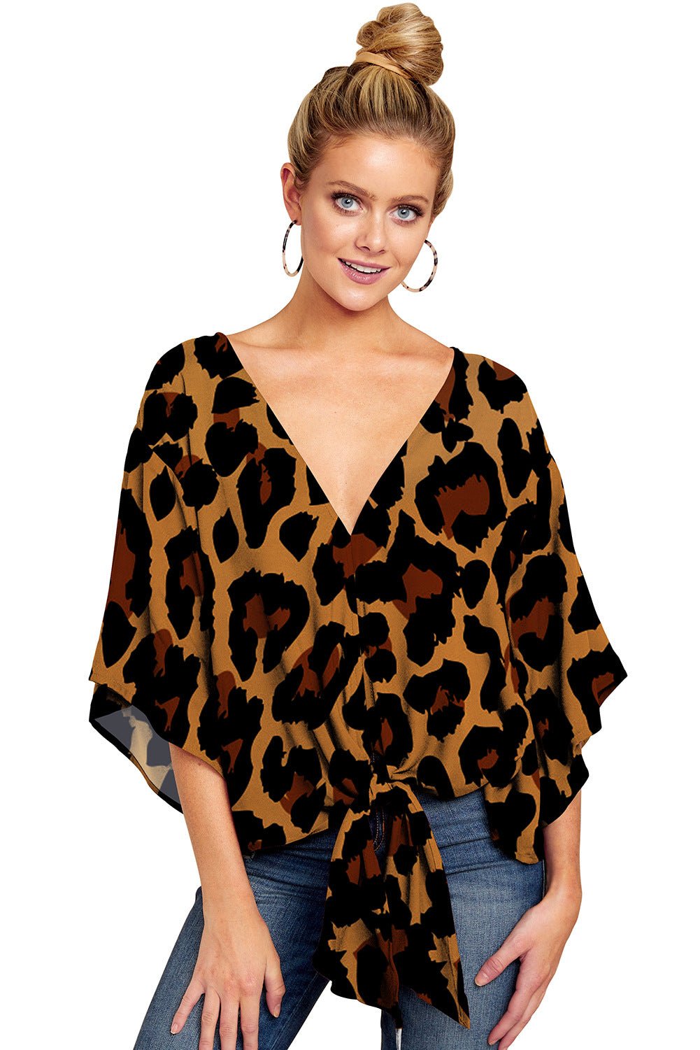 New V Neck Blouse Women Leopard Print Shirts Floral Tie Front Blouses Batwing Summer Oversize Ladies Tops - Taylor K Shop