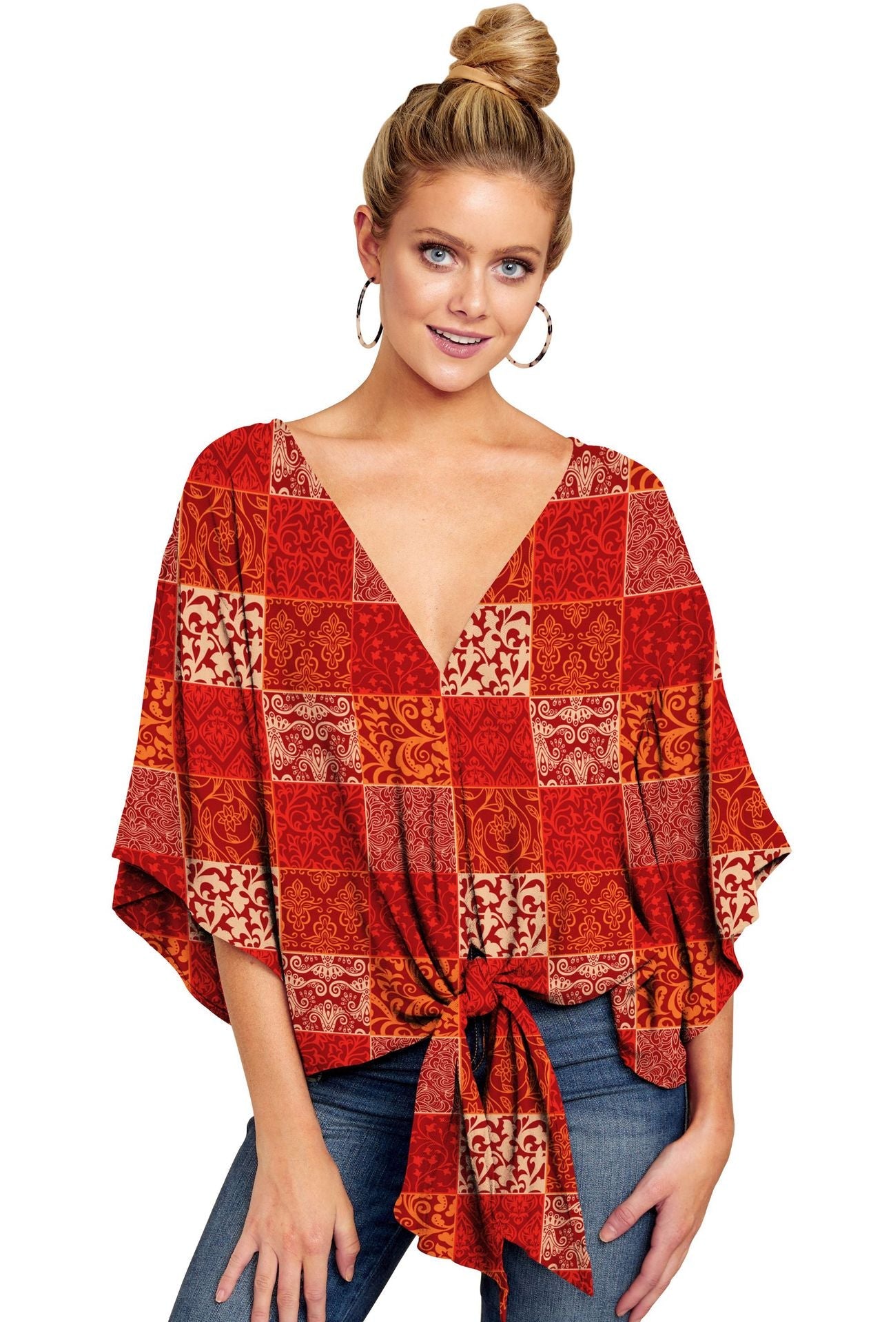 New V Neck Blouse Women Leopard Print Shirts Floral Tie Front Blouses Batwing Summer Oversize Ladies Tops - Taylor K Shop