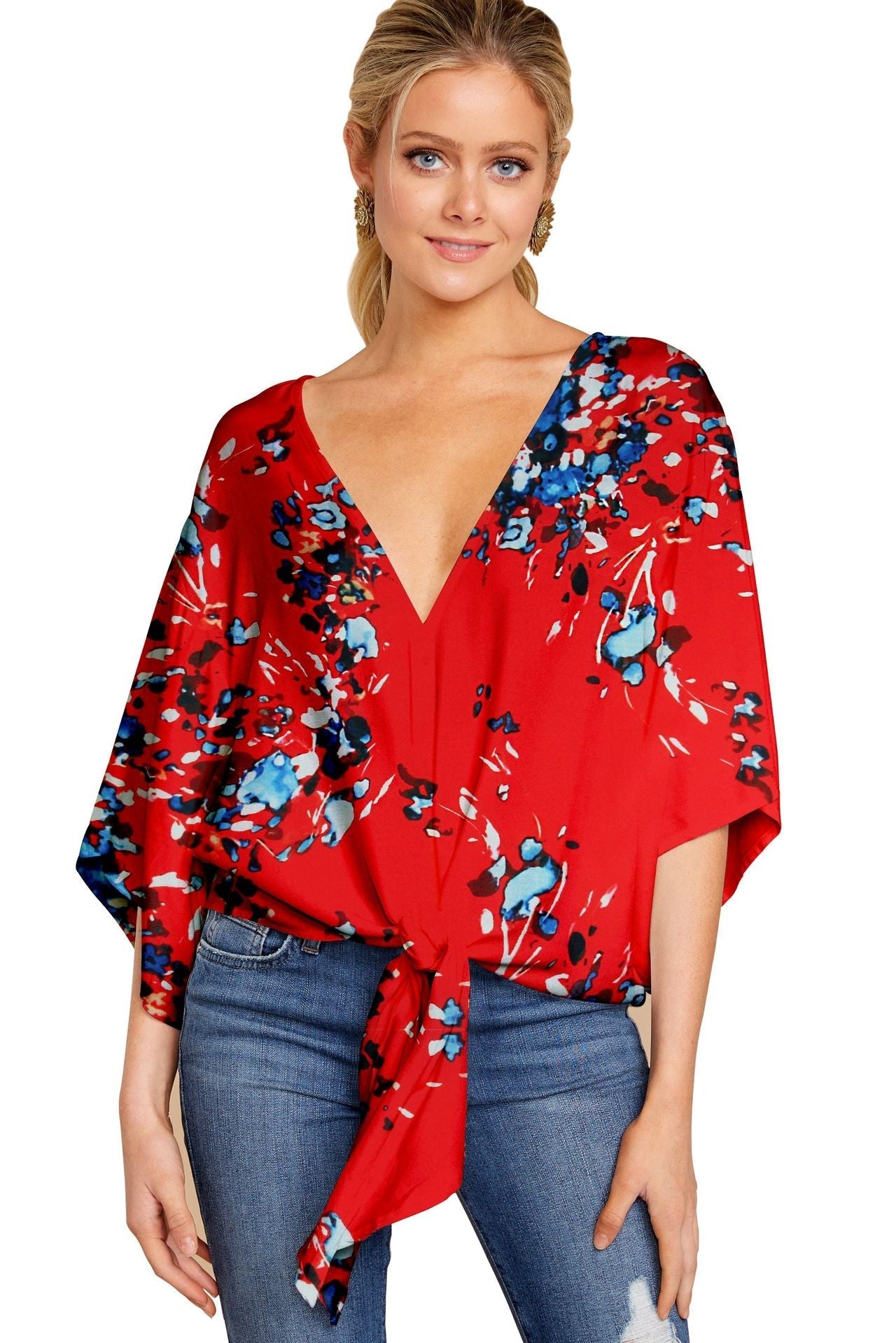 New V Neck Blouse Women Leopard Print Shirts Floral Tie Front Blouses Batwing Summer Oversize Ladies Tops - Taylor K Shop