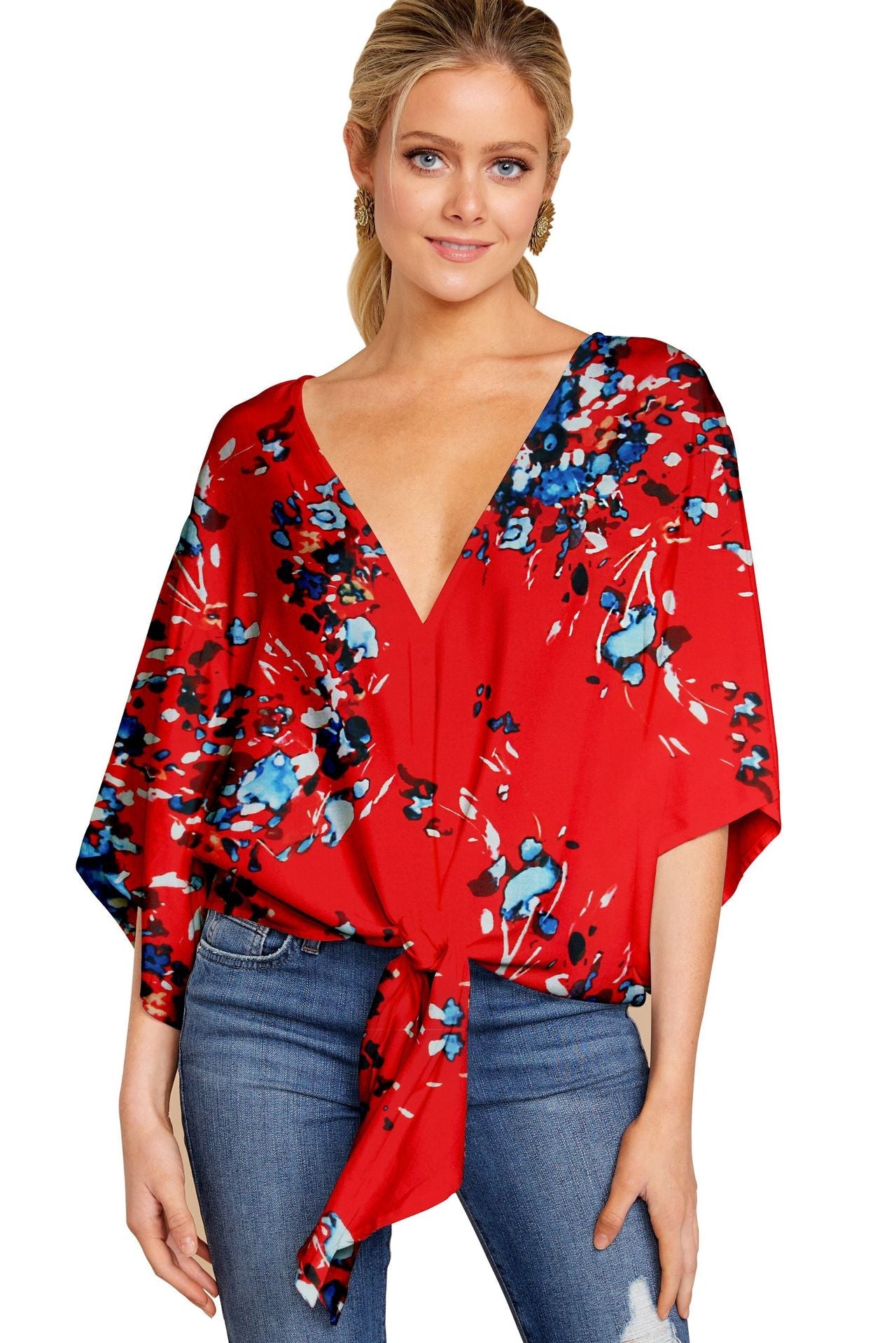 New V Neck Blouse Women Leopard Print Shirts Floral Tie Front Blouses Batwing Summer Oversize Ladies Tops - Taylor K Shop
