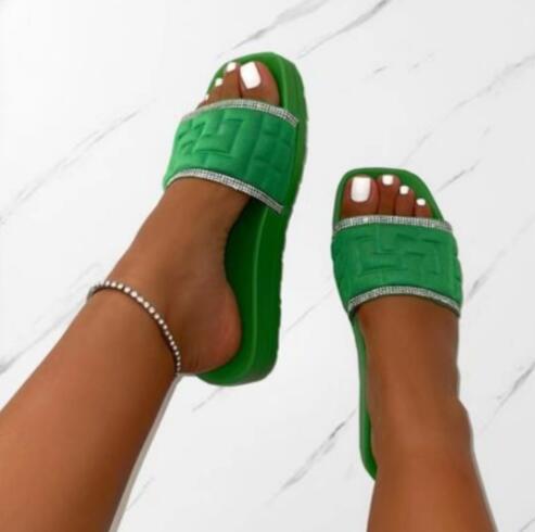 new women summer new square - headed simple rhinestone slippers women's large thick bottom beach slippers/sandals - Taylor K Shop