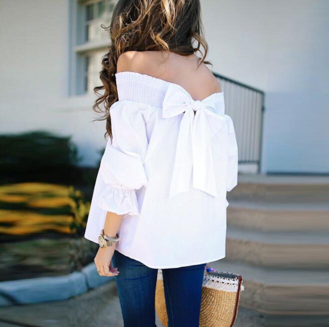 Off Shoulder Tops Spring Summer Strapless Women Blouse Bowknot Slash Neck Shirts Casual Loose Blusas Plus Size - Taylor K Shop