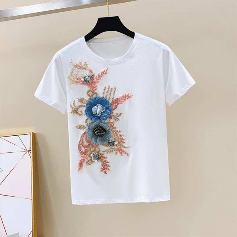 One - Piece/Set 2023 Summer New Women Denim Pants Beaded Embroidery Short - Sleeved + Small Feet Hole Jeans Female Two - Piece Suit425 - Taylor K Shop