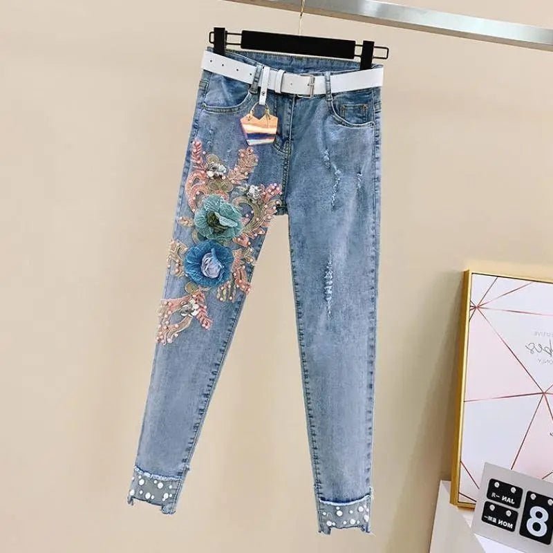 One - Piece/Set 2023 Summer New Women Denim Pants Beaded Embroidery Short - Sleeved + Small Feet Hole Jeans Female Two - Piece Suit425 - Taylor K Shop