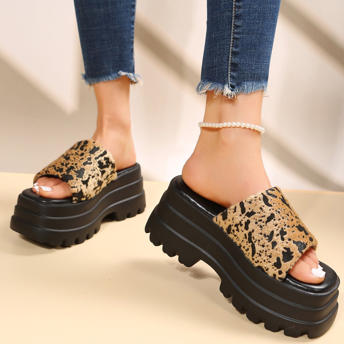 Peep Toe Slipper High Heel Flat Shoes Summer Cow Print Sandals - Taylor K Shop