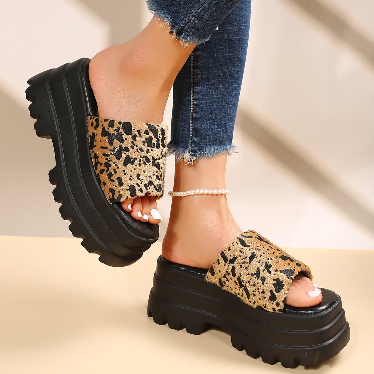 Peep Toe Slipper High Heel Flat Shoes Summer Cow Print Sandals - Taylor K Shop