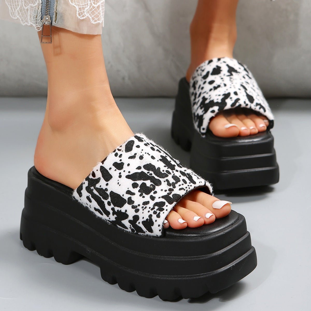 Peep Toe Slipper High Heel Flat Shoes Summer Cow Print Sandals - Taylor K Shop