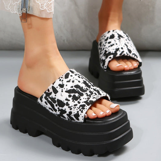 Peep Toe Slipper High Heel Flat Shoes Summer Cow Print Sandals - Taylor K Shop