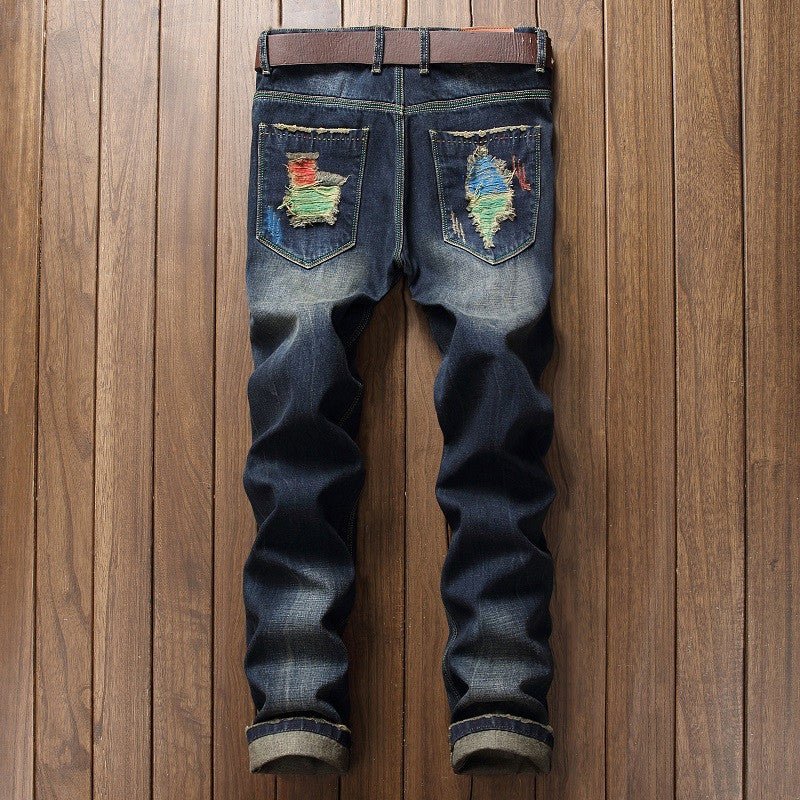 Personalized Brushed Jeans Men's Ripped Straight - leg Jeans - Taylor K Shop