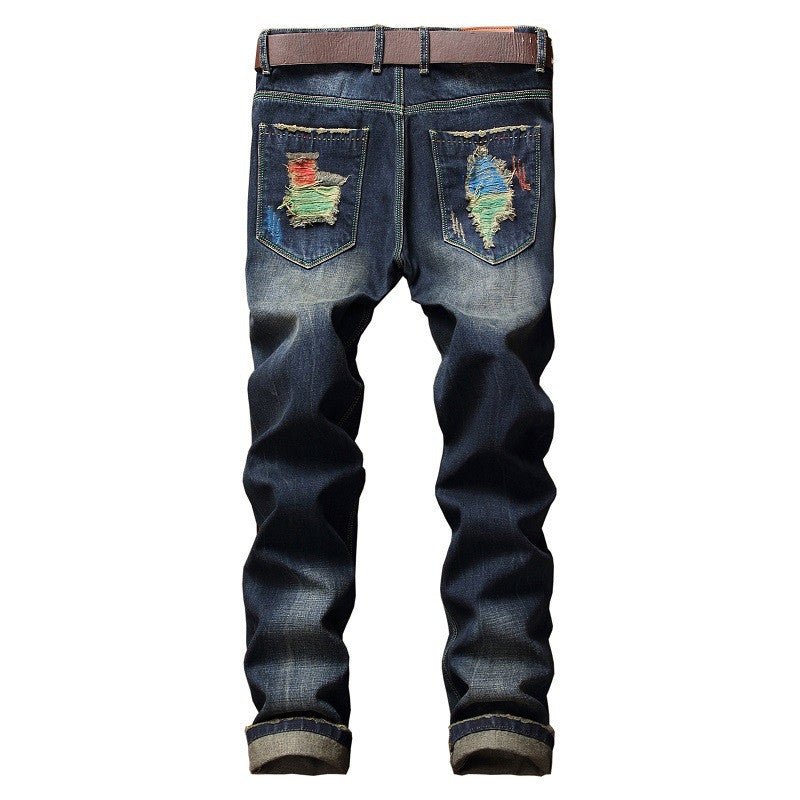 Personalized Brushed Jeans Men's Ripped Straight - leg Jeans - Taylor K Shop