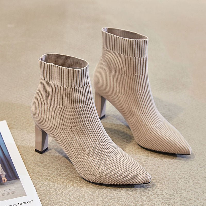 Pointed toe all - match knitted high - heeled ankle boots - Taylor K Shop