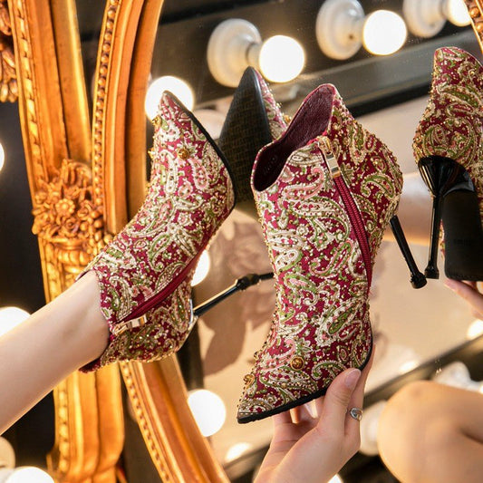 Pointed Toe Stiletto Ankle Floral Rhinestone Women's Boots - Taylor K Shop