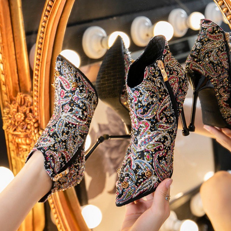 Pointed Toe Stiletto Ankle Floral Rhinestone Women's Boots - Taylor K Shop