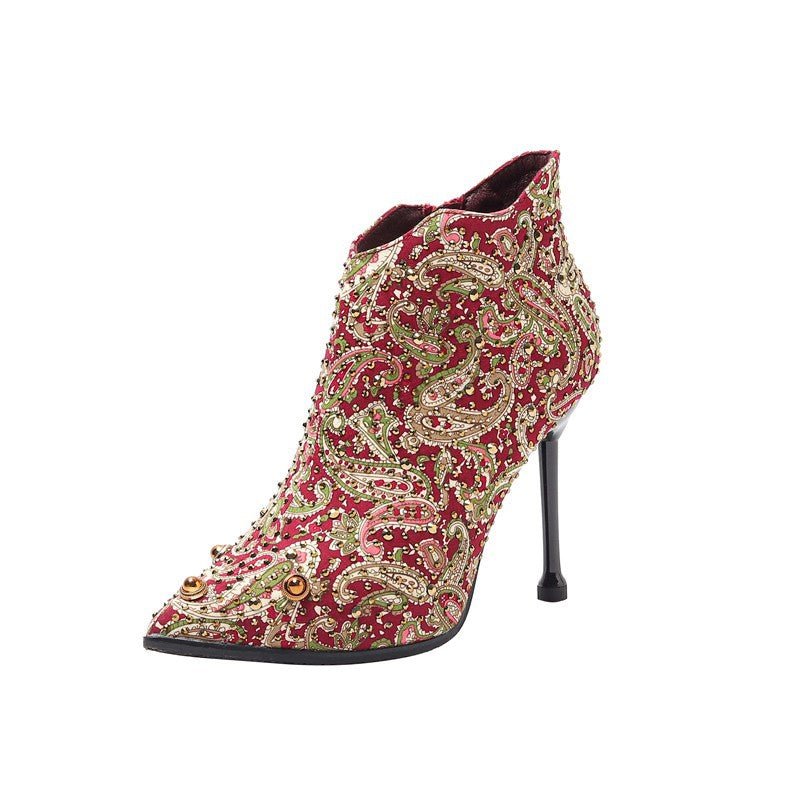 Pointed Toe Stiletto Ankle Floral Rhinestone Women's Boots - Taylor K Shop