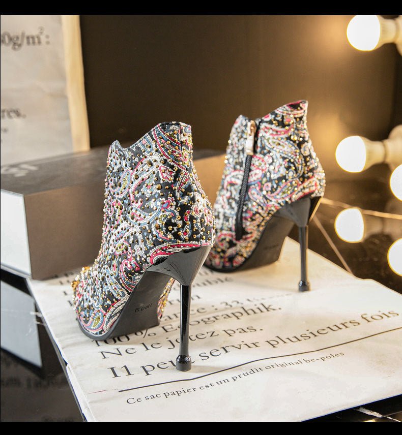 Pointed Toe Stiletto Ankle Floral Rhinestone Women's Boots - Taylor K Shop