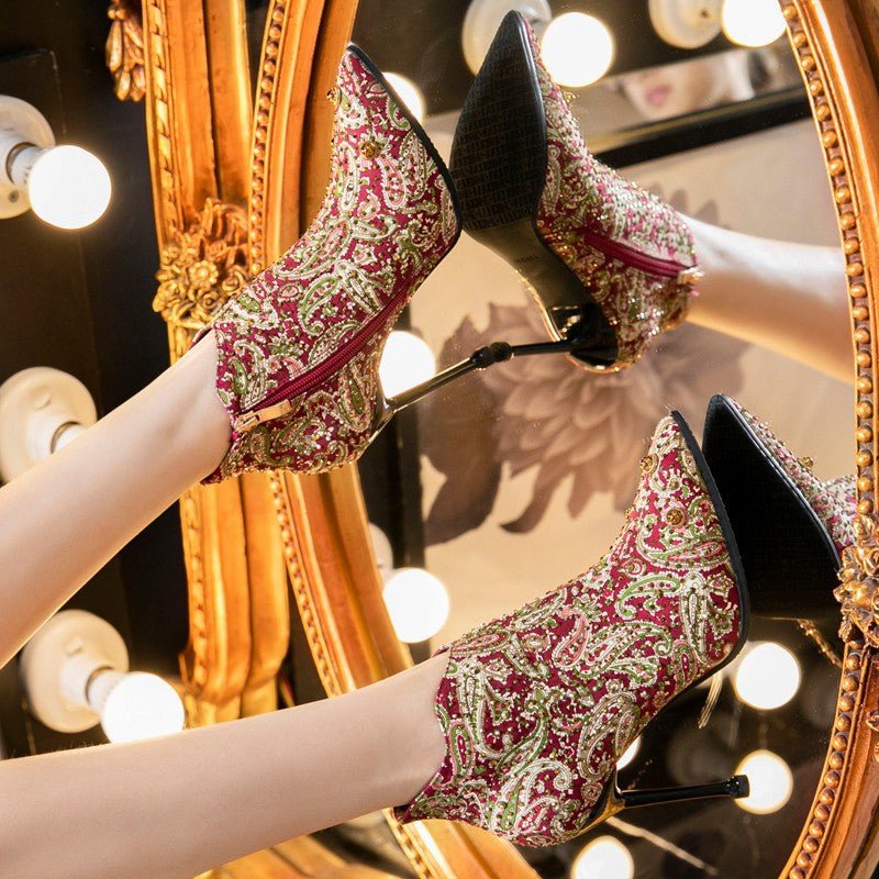 Pointed Toe Stiletto Ankle Floral Rhinestone Women's Boots - Taylor K Shop