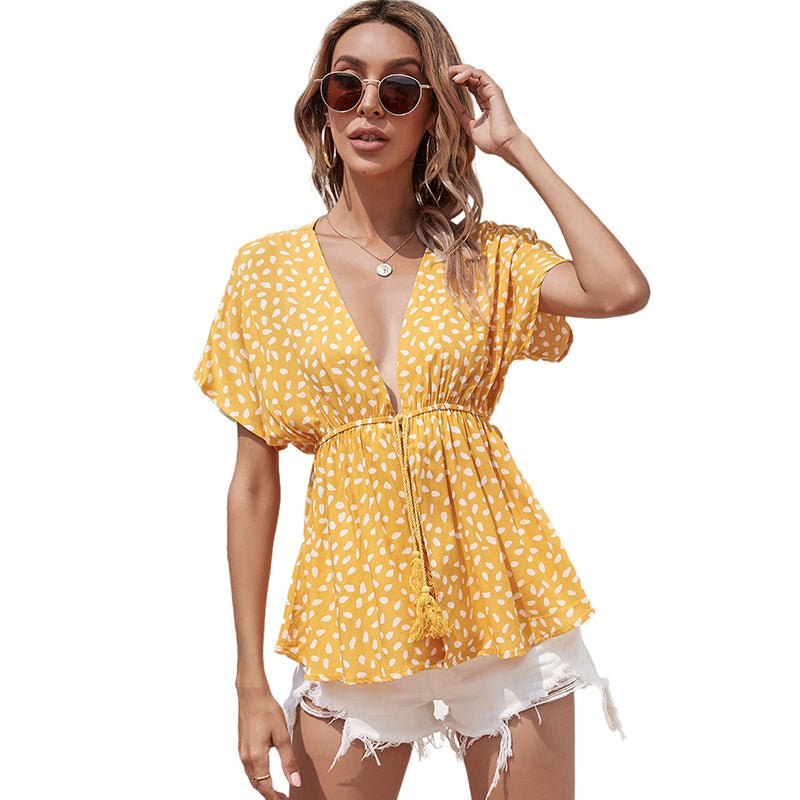 Printed Fashion V - Neck Sexy Ruffled Short - Sleeved Blouse Blouse - Taylor K Shop