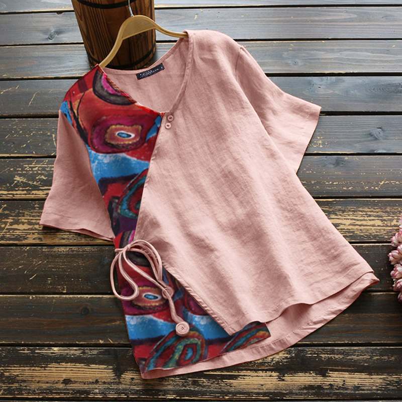Printed Shirt Floral Color Matching Floral Round Neck Summer Casual Blouse - Taylor K Shop