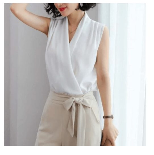 Real Shot Summer New Style Korean V - neck Satin Sleeveless Chiffon Vest Blouse Blouse Summer Dress - Taylor K Shop