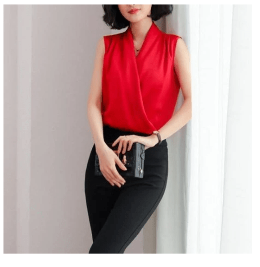 Real Shot Summer New Style Korean V - neck Satin Sleeveless Chiffon Vest Blouse Blouse Summer Dress - Taylor K Shop
