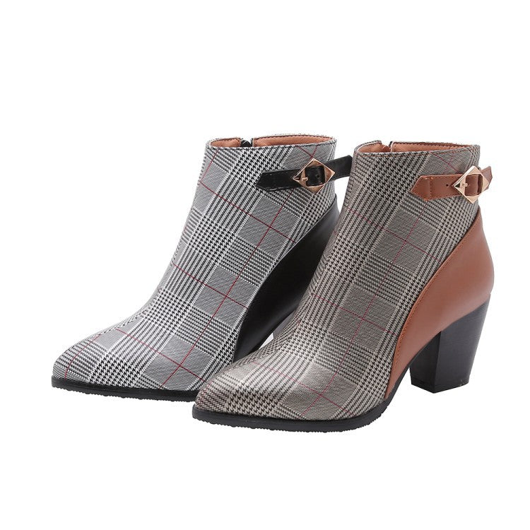 Retro Check Pattern Pointed Toe Ankle Boots Chunky Heel Ankle Boots - Taylor K Shop