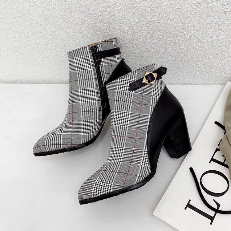 Retro Check Pattern Pointed Toe Ankle Boots Chunky Heel Ankle Boots - Taylor K Shop