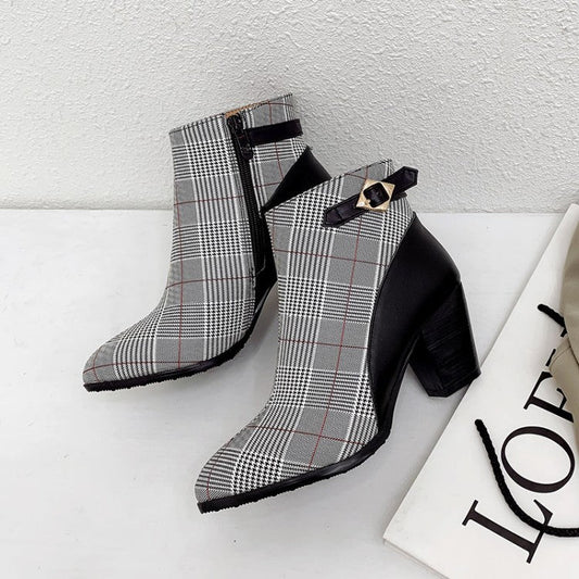 Retro Check Pattern Pointed Toe Ankle Boots Chunky Heel Ankle Boots - Taylor K Shop