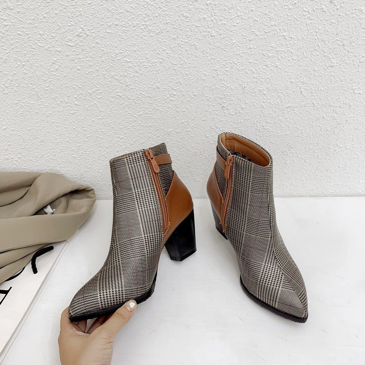 Retro Check Pattern Pointed Toe Ankle Boots Chunky Heel Ankle Boots - Taylor K Shop