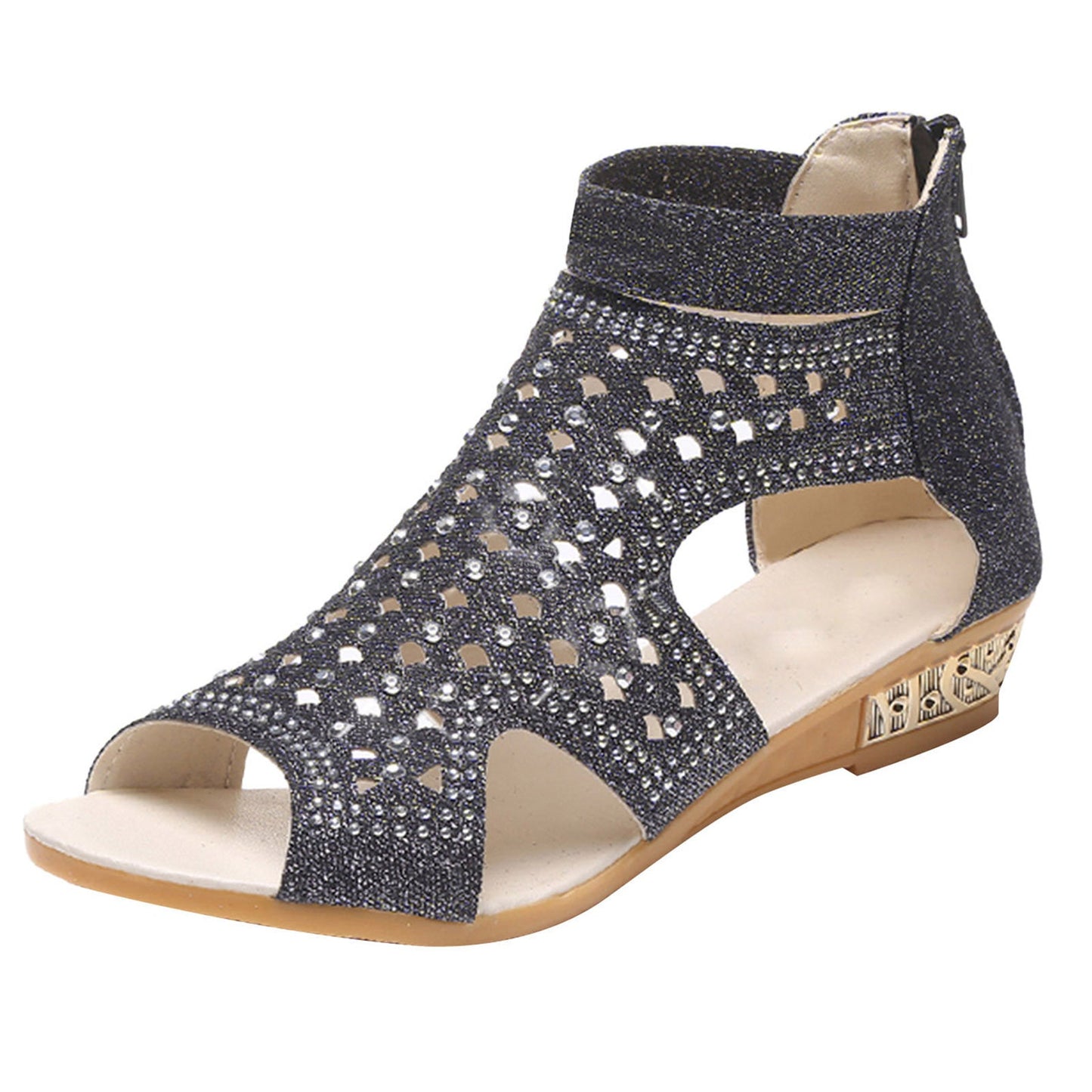 Rhinestones Sandals Summer Peep - toe Hollow Out Shoes With Back Zip Design - Taylor K Shop