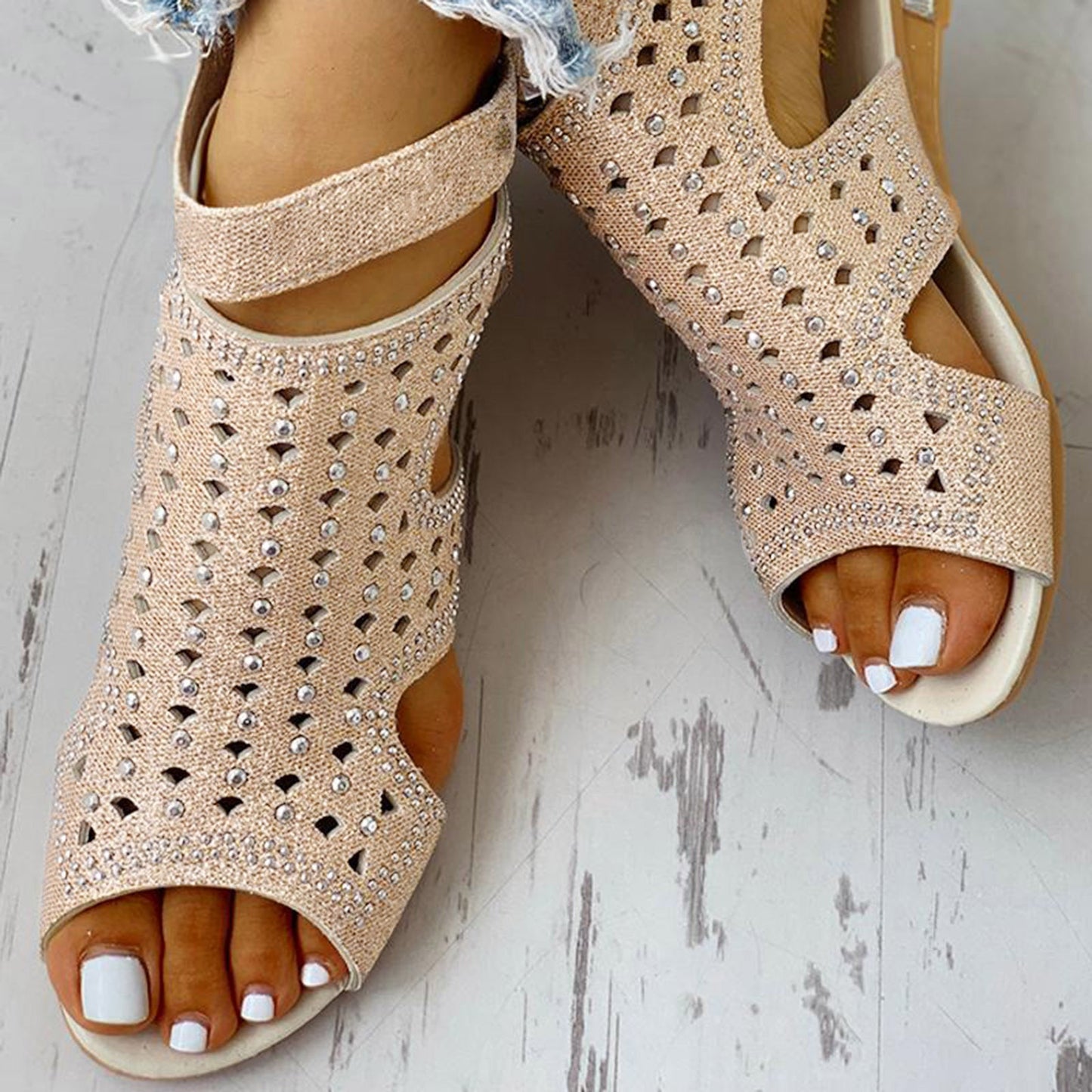 Rhinestones Sandals Summer Peep - toe Hollow Out Shoes With Back Zip Design - Taylor K Shop