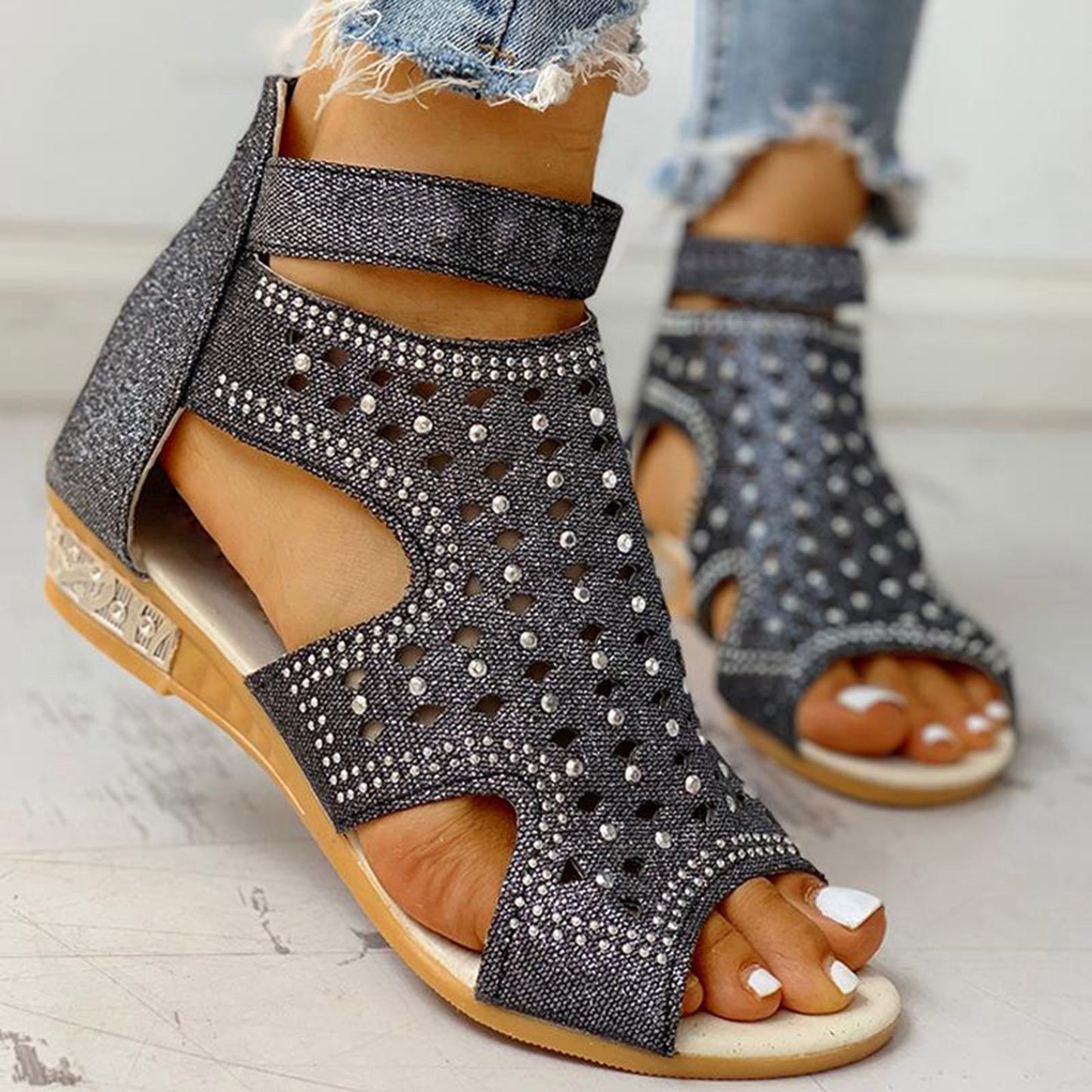 Rhinestones Sandals Summer Peep - toe Hollow Out Shoes With Back Zip Design - Taylor K Shop