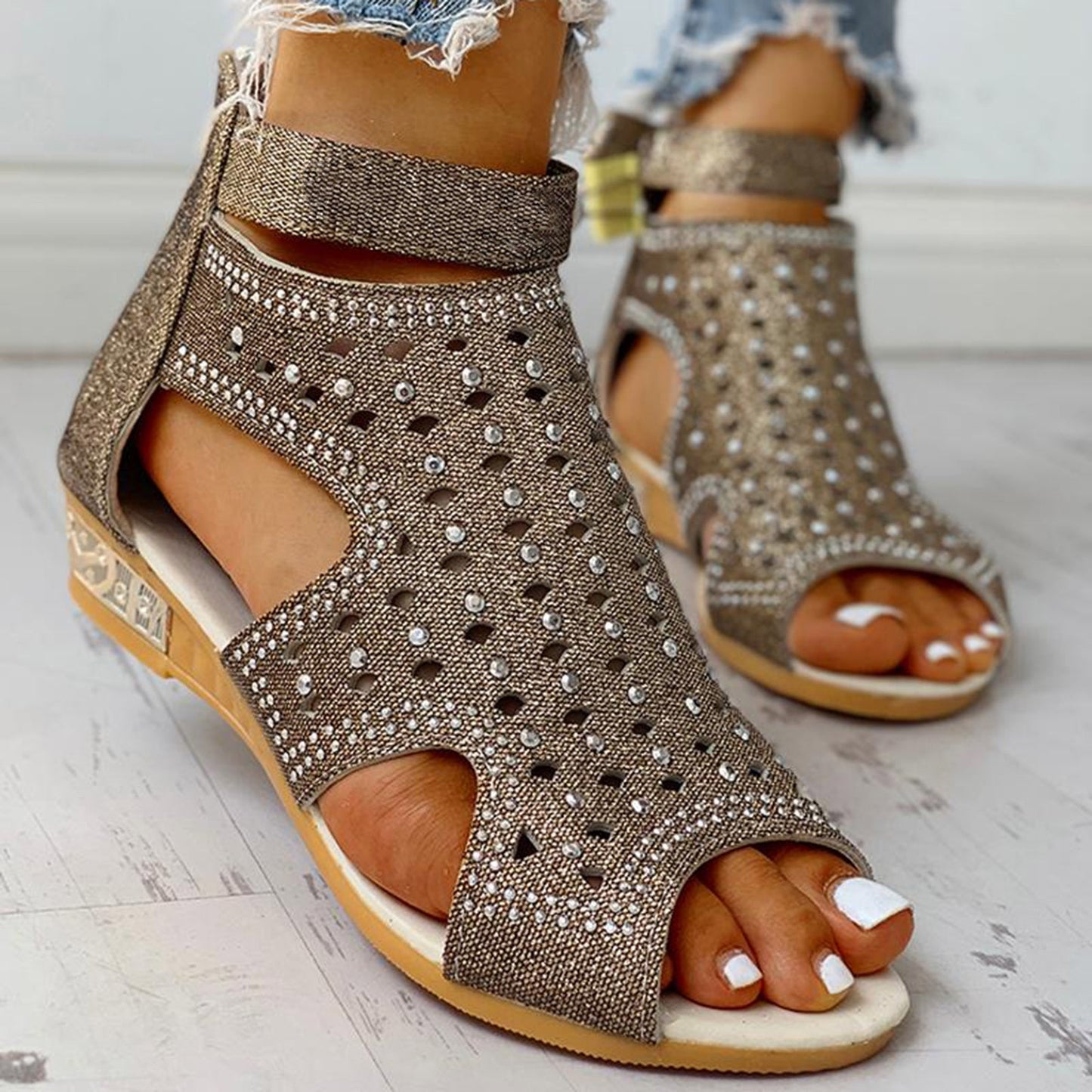 Rhinestones Sandals Summer Peep - toe Hollow Out Shoes With Back Zip Design - Taylor K Shop