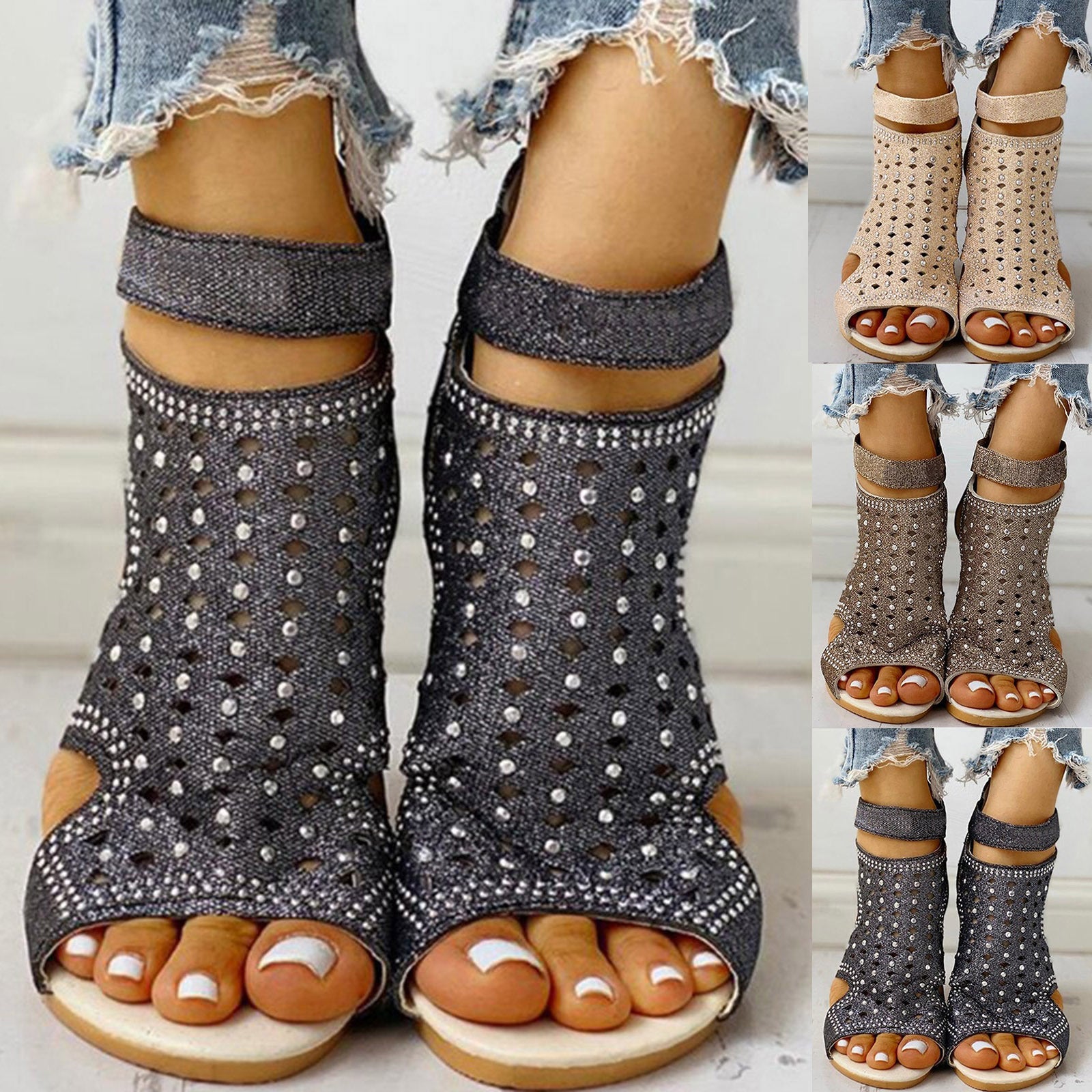 Rhinestones Sandals Summer Peep - toe Hollow Out Shoes With Back Zip Design - Taylor K Shop
