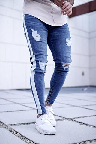 Ripped nostalgic jeans light blue zipper men's jeans - Taylor K Shop
