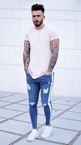 Ripped nostalgic jeans light blue zipper men's jeans - Taylor K Shop