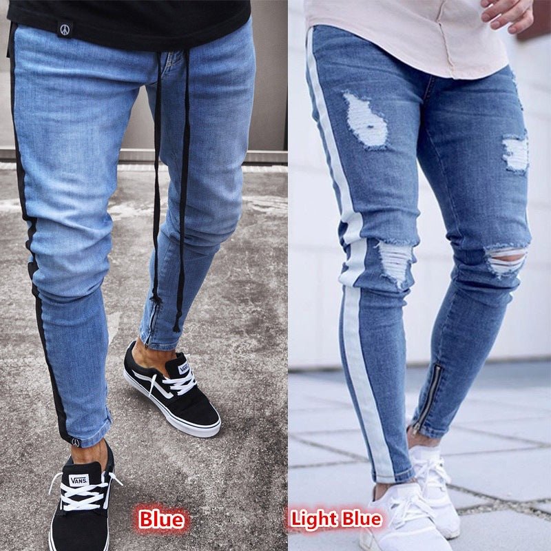 Ripped nostalgic jeans light blue zipper men's jeans - Taylor K Shop