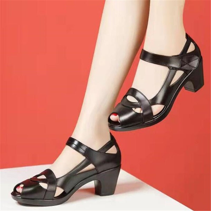 Roman Sandals Women's Soft Sole Comfortable Mother Shoes Summer Pu Leather Fish Mouth Thick Heel Hollow Out Non Slip Sandales - Taylor K Shop