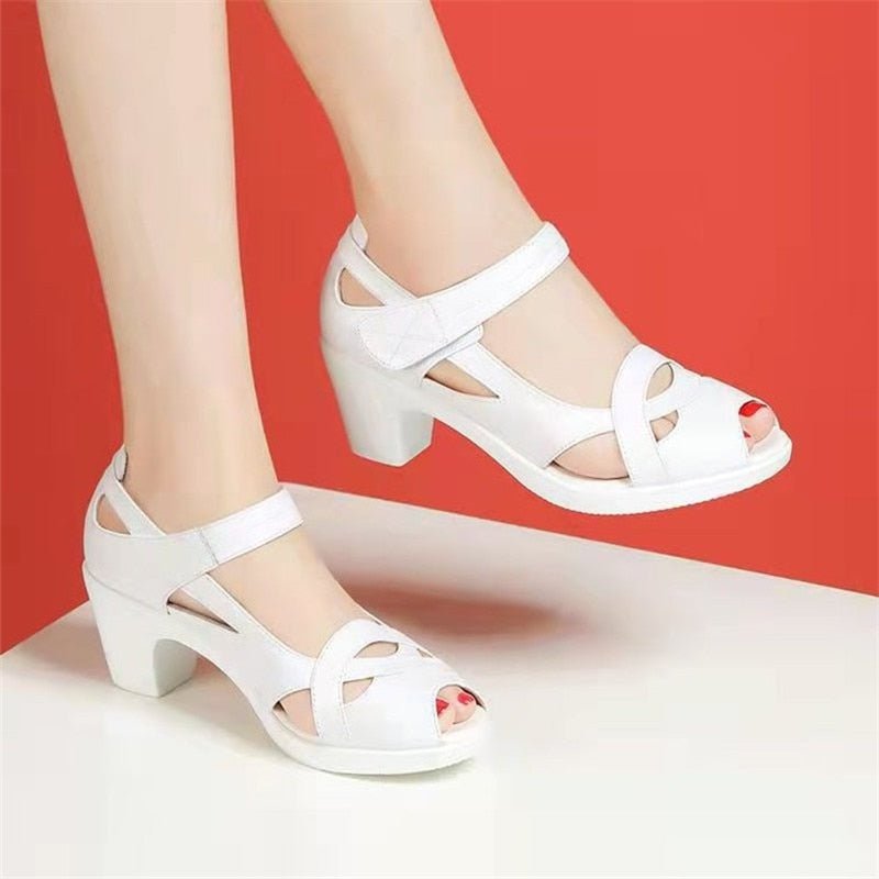 Roman Sandals Women's Soft Sole Comfortable Mother Shoes Summer Pu Leather Fish Mouth Thick Heel Hollow Out Non Slip Sandales - Taylor K Shop