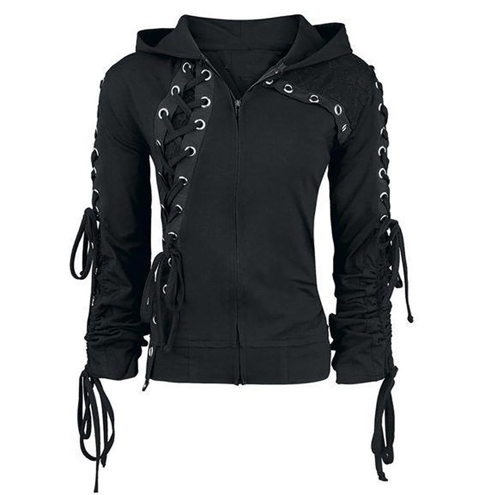 Rosetic Gothic Punk Women Hoodies Lace up Hooded Long Sleeve Casual Harajuku Darkness Autumn winter Goth Black Sweatshirt - Taylor K Shop