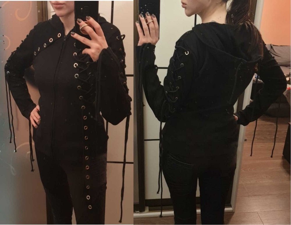 Rosetic Gothic Punk Women Hoodies Lace up Hooded Long Sleeve Casual Harajuku Darkness Autumn winter Goth Black Sweatshirt - Taylor K Shop