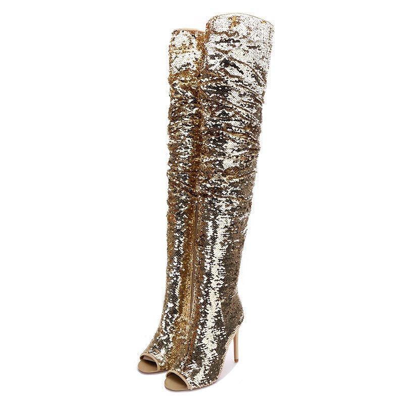 Sequin Fashion Fish Mouth Over The Knee High Heel Long Boots - Taylor K Shop