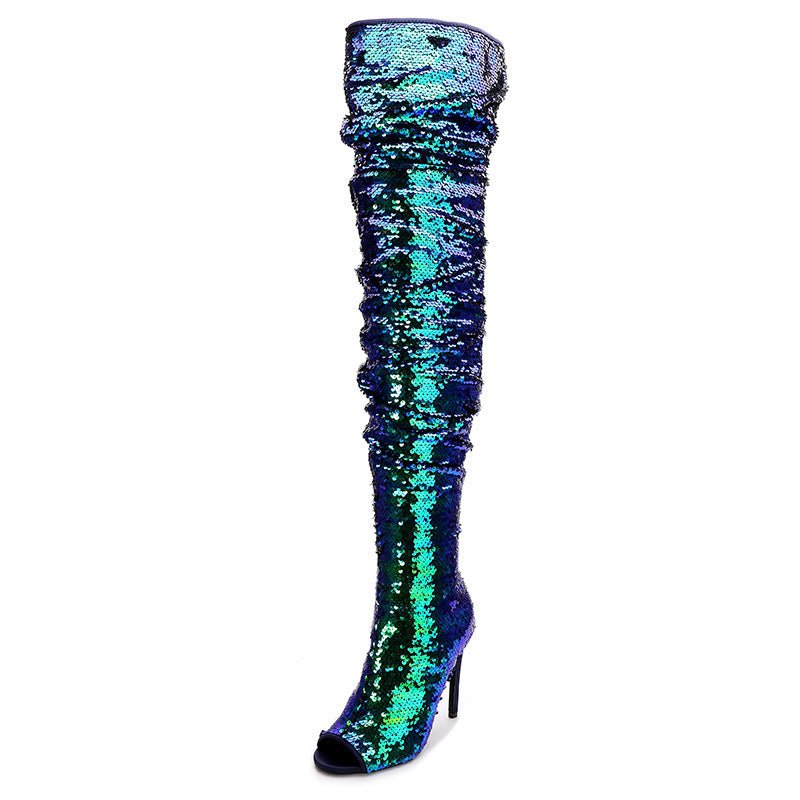 Sequin Fashion Fish Mouth Over The Knee High Heel Long Boots - Taylor K Shop